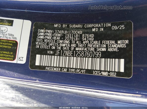 JF1ZNBE12S8760799 2025 TOYOTA GR86 Blue Вид підкапотного простору