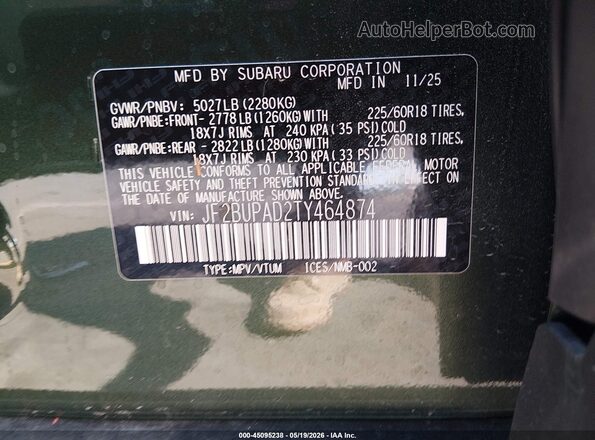JF2BUPAD2TY464874 2026 SUBARU OUTBACK Green Շարժիչի բաժամունքի տեսք