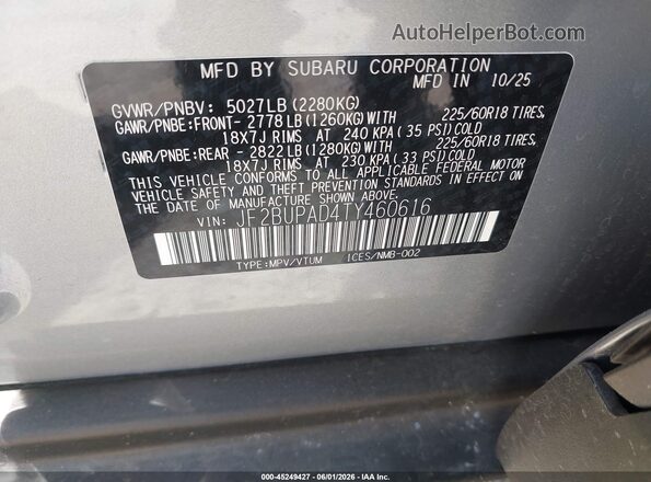 JF2BUPAD4TY460616 2026 SUBARU OUTBACK Silver Widok komory silnika
