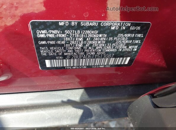 JF2BUPAD6TY513087 2026 SUBARU OUTBACK Red 