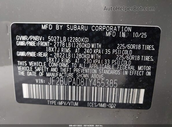 JF2BUPAD8TY455385 2026 SUBARU OUTBACK Gray 