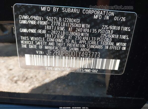 JF2BUPBD0TY493773 2026 SUBARU OUTBACK Black 