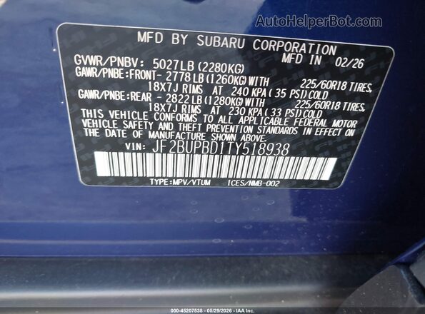 JF2BUPBD1TY518938 2026 SUBARU OUTBACK Purple 