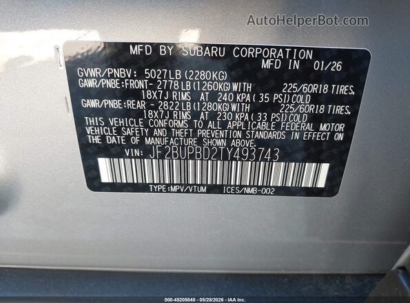 JF2BUPBD2TY493743 2026 SUBARU OUTBACK Silver 
