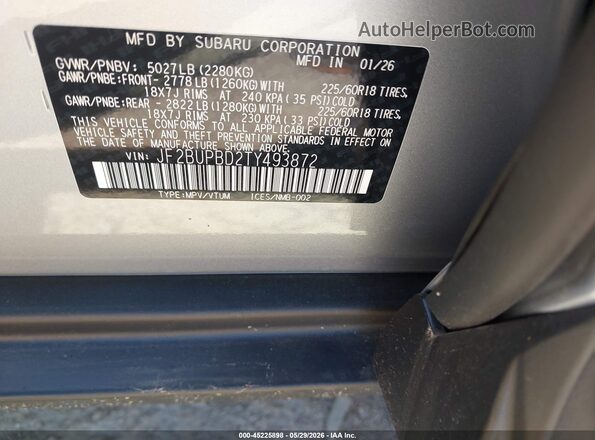JF2BUPBD2TY493872 2026 SUBARU OUTBACK Silver Շարժիչի բաժամունքի տեսք