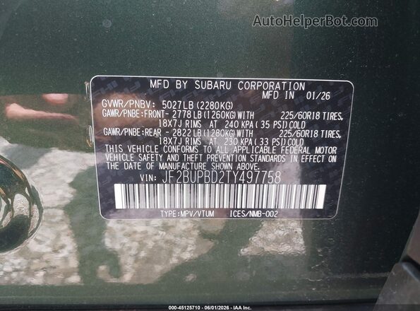 JF2BUPBD2TY497758 2026 SUBARU OUTBACK Green ძრავის განყოფილების ხედი