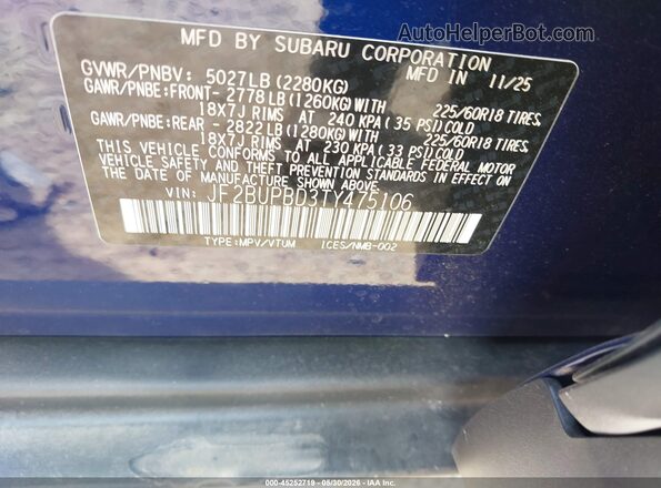 JF2BUPBD3TY475106 2026 SUBARU OUTBACK Blue 
