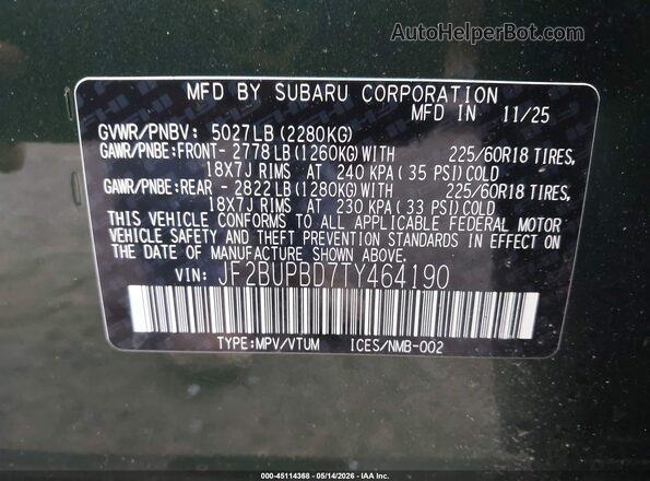 JF2BUPBD7TY464190 2026 SUBARU OUTBACK Green 