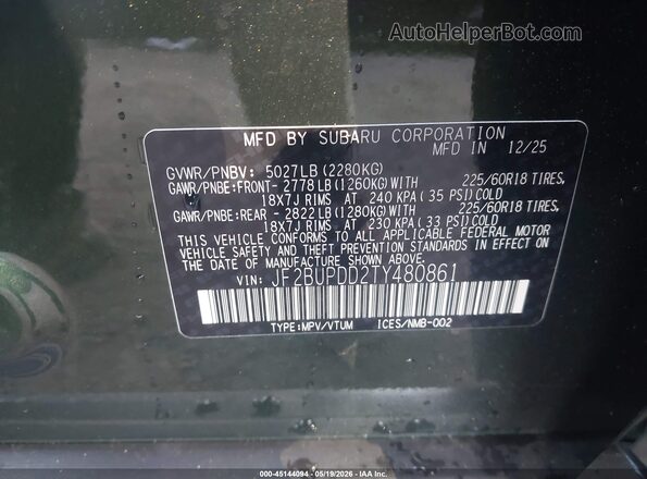 JF2BUPDD2TY480861 2026 SUBARU OUTBACK Зеленый Вид подкапотного пространства