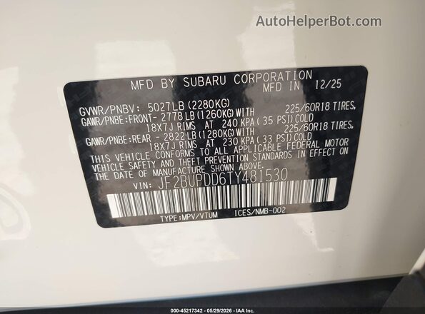 JF2BUPDD6TY481530 2026 SUBARU OUTBACK White 