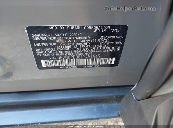 JF2BUPDD8TY481545 2026 SUBARU OUTBACK Gray Շարժիչի բաժամունքի տեսք