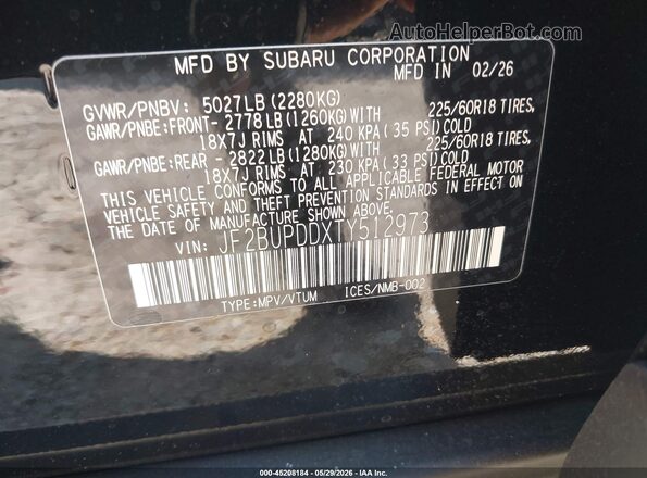 JF2BUPDDXTY512973 2026 SUBARU OUTBACK Черный Вид подкапотного пространства