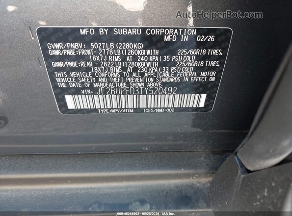 JF2BUPED3TY520492 2026 SUBARU OUTBACK Gray Widok komory silnika