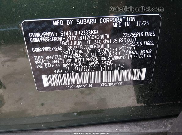 JF2BURGD2TY471178 2026 SUBARU OUTBACK Green Vista del compartimento del motor