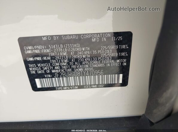 JF2BURGD8TY470956 2026 SUBARU OUTBACK White 
