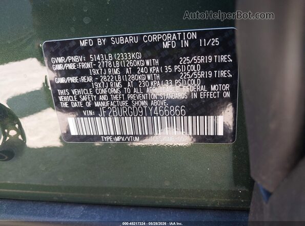 JF2BURGD9TY466866 2026 SUBARU OUTBACK Green 
