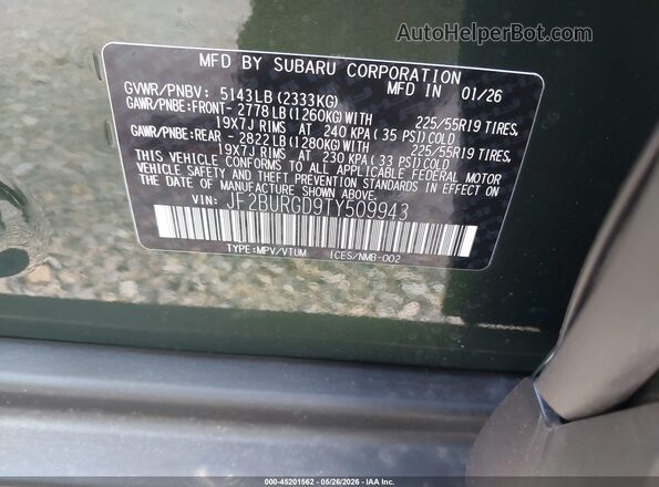 JF2BURGD9TY509943 2026 SUBARU OUTBACK Green Widok komory silnika