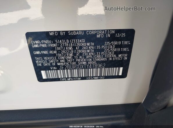 JF2BURGDXTY478962 2026 SUBARU OUTBACK White 