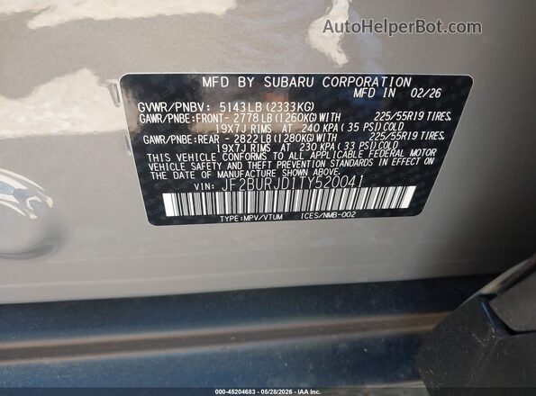 JF2BURJD1TY520041 2026 SUBARU OUTBACK Gray 