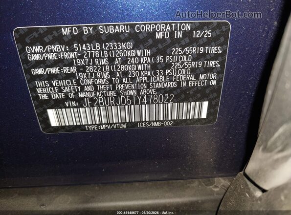 JF2BURJD5TY478022 2026 SUBARU OUTBACK Blue ძრავის განყოფილების ხედი