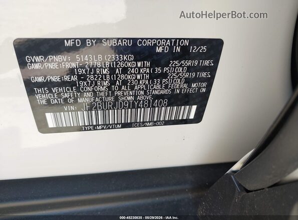 JF2BURJD9TY481408 2026 SUBARU OUTBACK White 