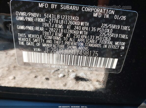 JF2BURJD9TY498175 2026 SUBARU OUTBACK Black Engine compartment view