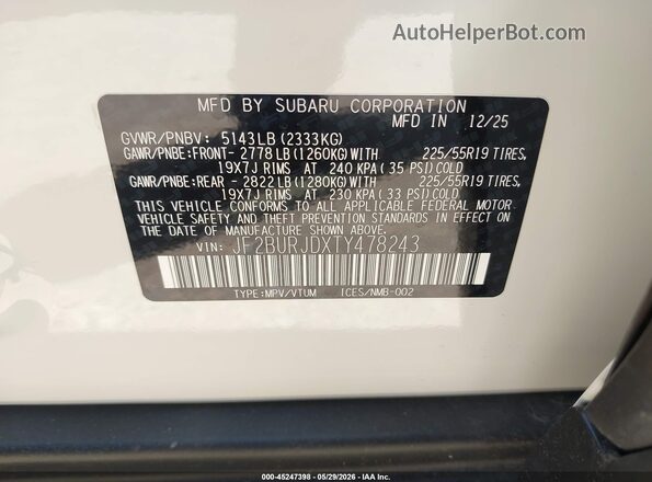 JF2BURJDXTY478243 2026 SUBARU OUTBACK White Շարժիչի բաժամունքի տեսք