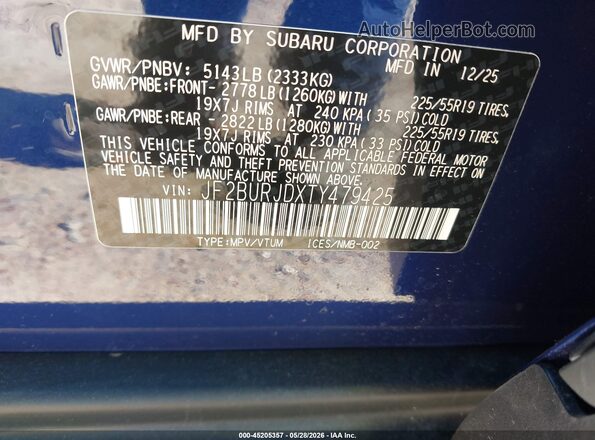 JF2BURJDXTY479425 2026 SUBARU OUTBACK Blue Շարժիչի բաժամունքի տեսք