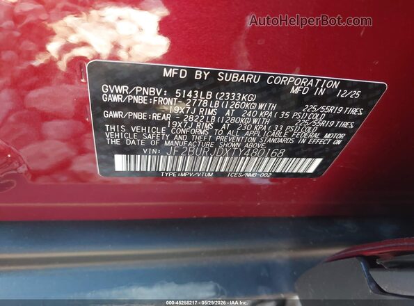 JF2BURJDXTY480168 2026 SUBARU OUTBACK Red Vista del compartimento del motor