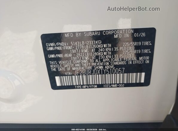 JF2BURJDXTY510057 2026 SUBARU OUTBACK White Vista del compartimento del motor