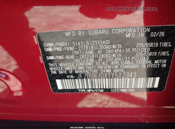JF2BURJDXTY512343 2026 SUBARU OUTBACK Maroon Вид підкапотного простору