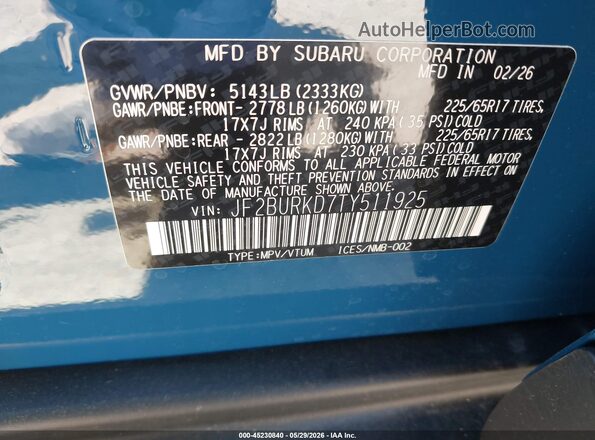 JF2BURKD7TY511925 2026 SUBARU OUTBACK Синий Вид подкапотного пространства
