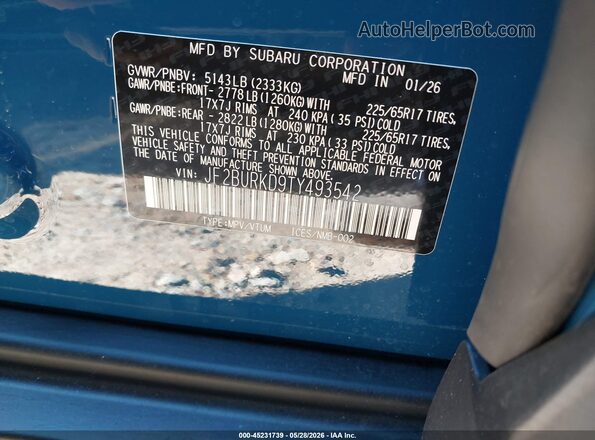 JF2BURKD9TY493542 2026 SUBARU OUTBACK Blue Vista del compartimento del motor