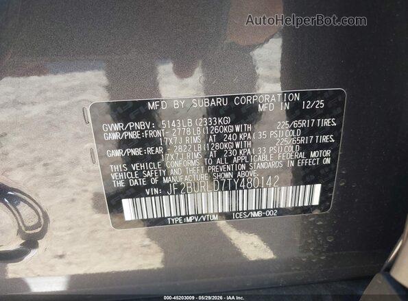 JF2BURLD7TY480142 2026 SUBARU OUTBACK Gray ძრავის განყოფილების ხედი