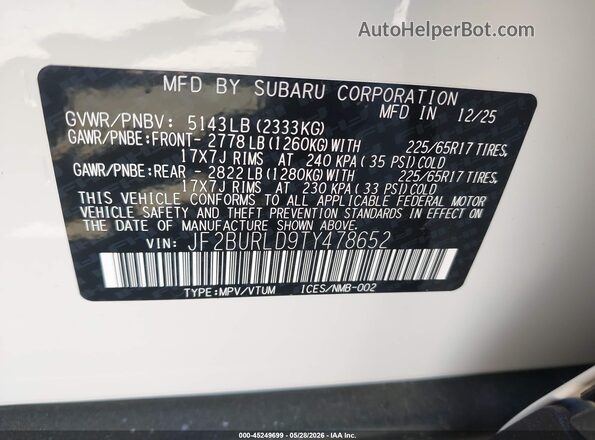 JF2BURLD9TY478652 2026 SUBARU OUTBACK White Widok komory silnika