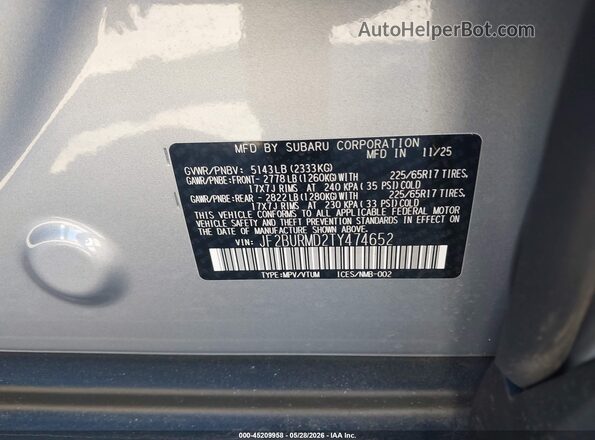 JF2BURMD2TY474652 2026 SUBARU OUTBACK Silver Vista del compartimento del motor