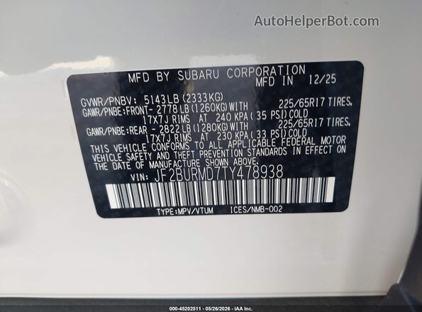 JF2BURMD7TY478938 2026 SUBARU OUTBACK White 