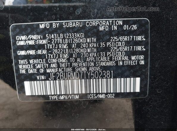 JF2BURMD7TY502381 2026 SUBARU OUTBACK Black Widok komory silnika