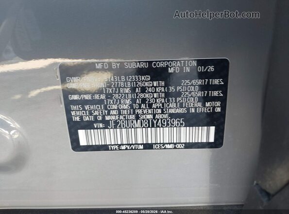 JF2BURMD8TY493965 2026 SUBARU OUTBACK Gray Engine compartment view