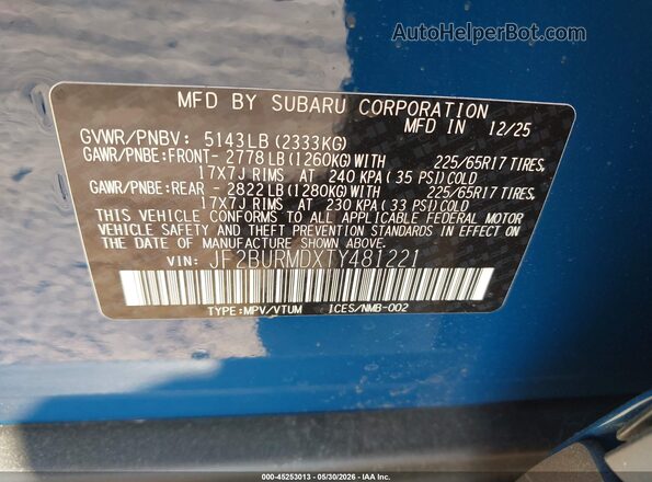 JF2BURMDXTY481221 2026 SUBARU OUTBACK Blue 