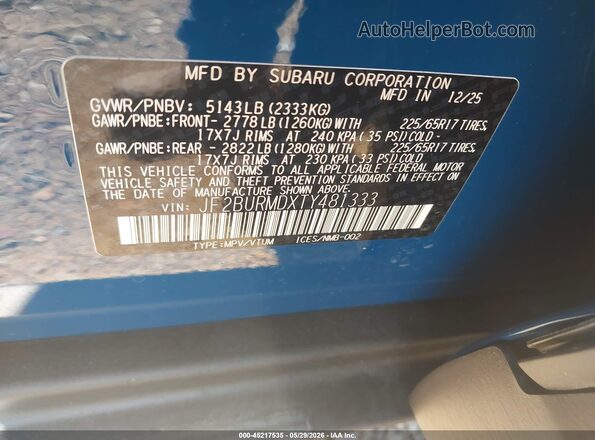 JF2BURMDXTY481333 2026 SUBARU OUTBACK Blue 
