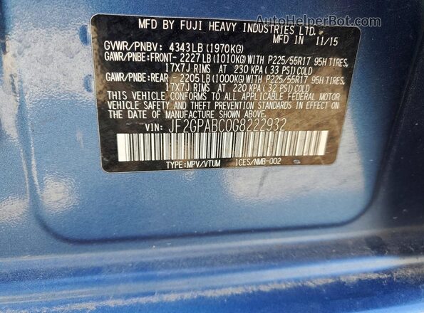 JF2GPABC0G8222932 2016 SUBARU CROSSTREK Blue Շարժիչի բաժամունքի տեսք