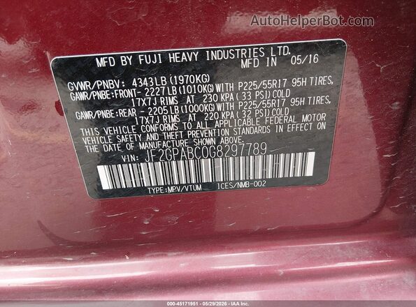 JF2GPABC0G8297789 2016 SUBARU CROSSTREK Burgundy ძრავის განყოფილების ხედი
