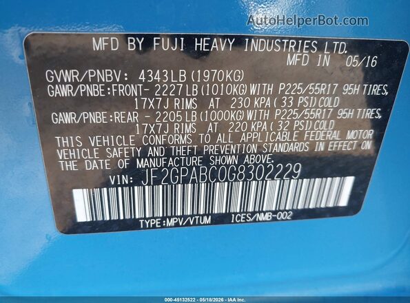 JF2GPABC0G8302229 2016 SUBARU CROSSTREK Blue Շարժիչի բաժամունքի տեսք