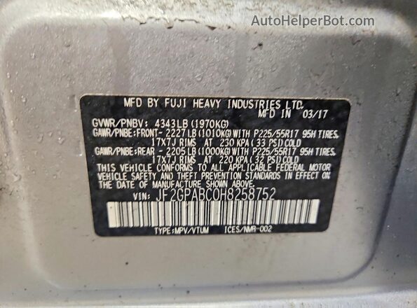JF2GPABC0H8258752 2017 SUBARU CROSSTREK Silver სალონის 360-გრადუსიანი ხედი