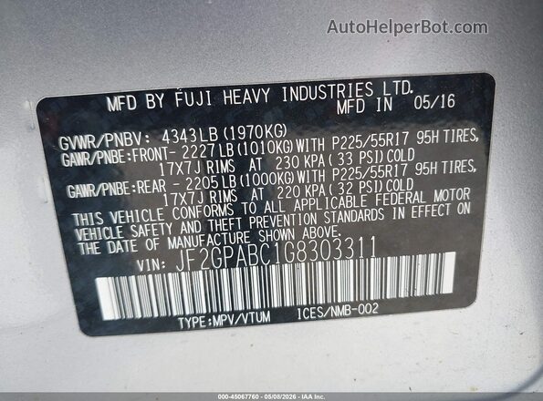 JF2GPABC1G8303311 2016 SUBARU CROSSTREK Gray 