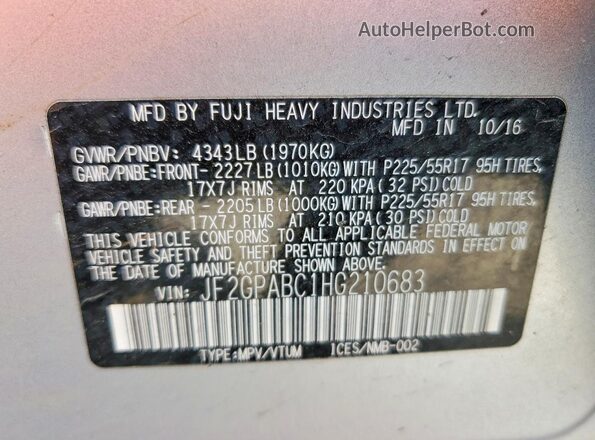 JF2GPABC1HG210683 2017 SUBARU CROSSTREK Серебряный Вид наклейки с VIN-кодом
