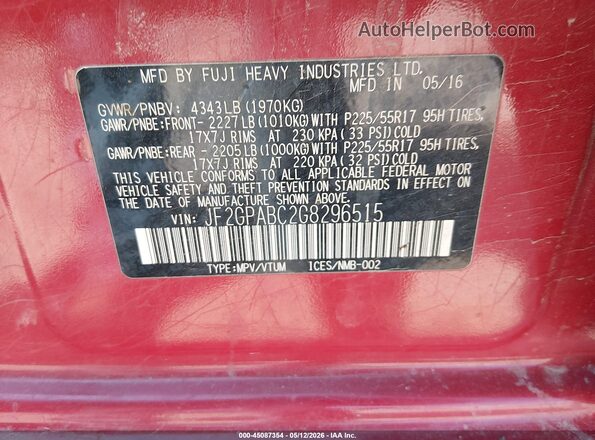 JF2GPABC2G8296515 2016 SUBARU CROSSTREK Red Widok komory silnika