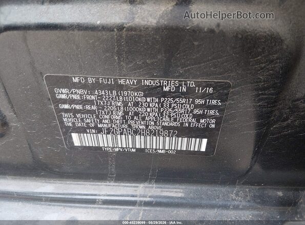 JF2GPABC2H8219872 2017 SUBARU CROSSTREK Gray Вид наклейки з VIN-кодом
