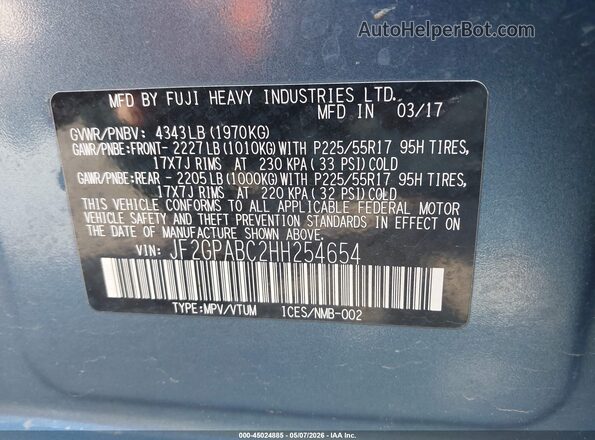 JF2GPABC2HH254654 2017 SUBARU CROSSTREK Blue Շարժիչի բաժամունքի տեսք